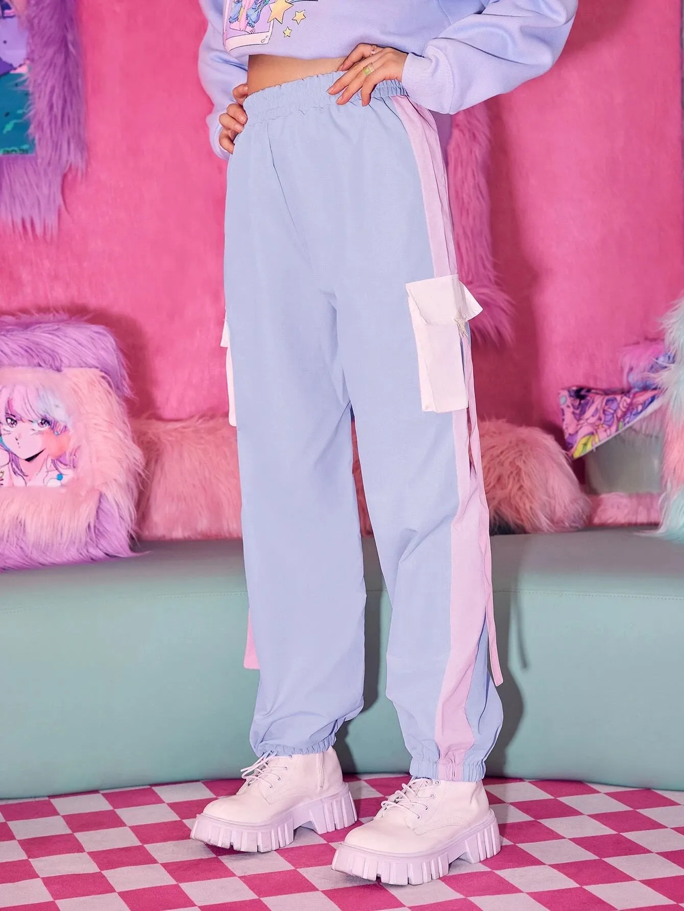 Stylish Flap Pocket Colorblock Cargo Pants