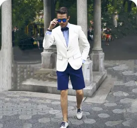Summer Beach White Men Suits Casual Man Blazer Blue Short Pants