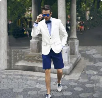Summer Beach White Men Suits Casual Man Blazer Blue Short Pants