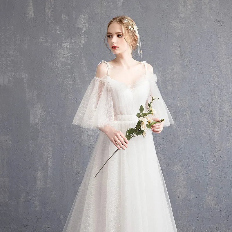 Sweetheart A Line Tulle Wedding Dress Spaghetti Strap Long Formal Gown with Train 309