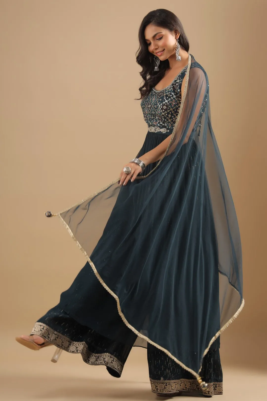 Teal Blue Zardosi Embroidered Georgette Palazzo Set with Belt