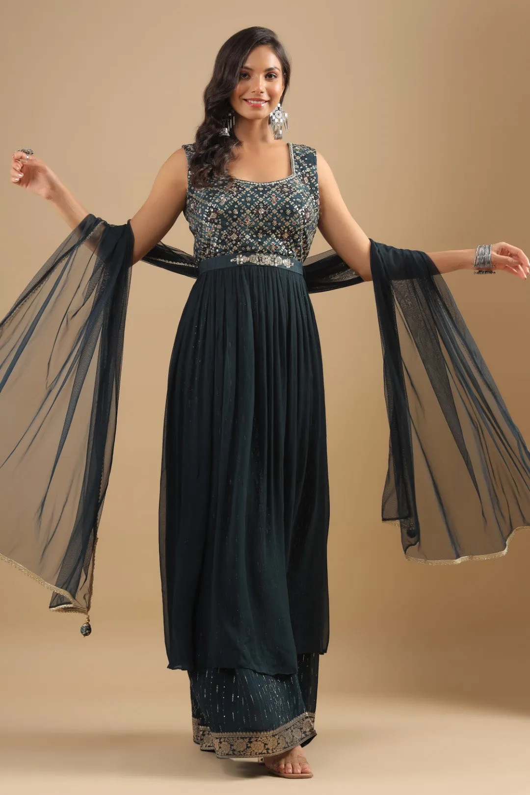 Teal Blue Zardosi Embroidered Georgette Palazzo Set with Belt
