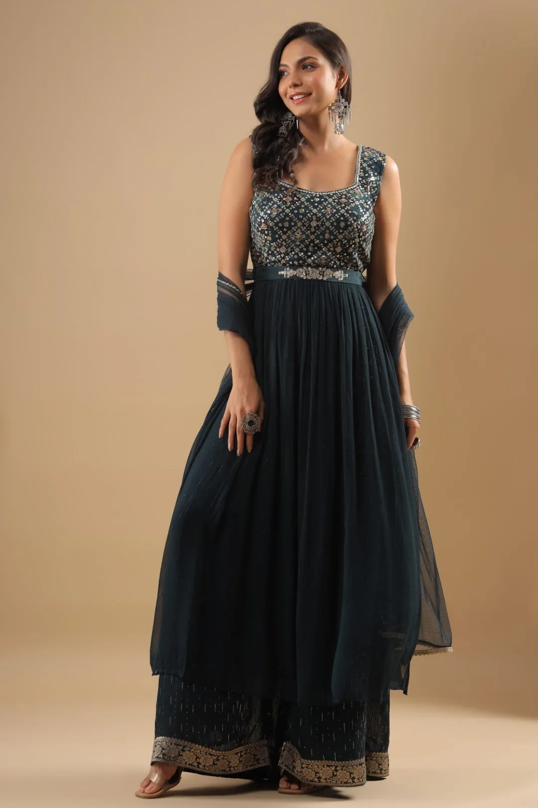 Teal Blue Zardosi Embroidered Georgette Palazzo Set with Belt