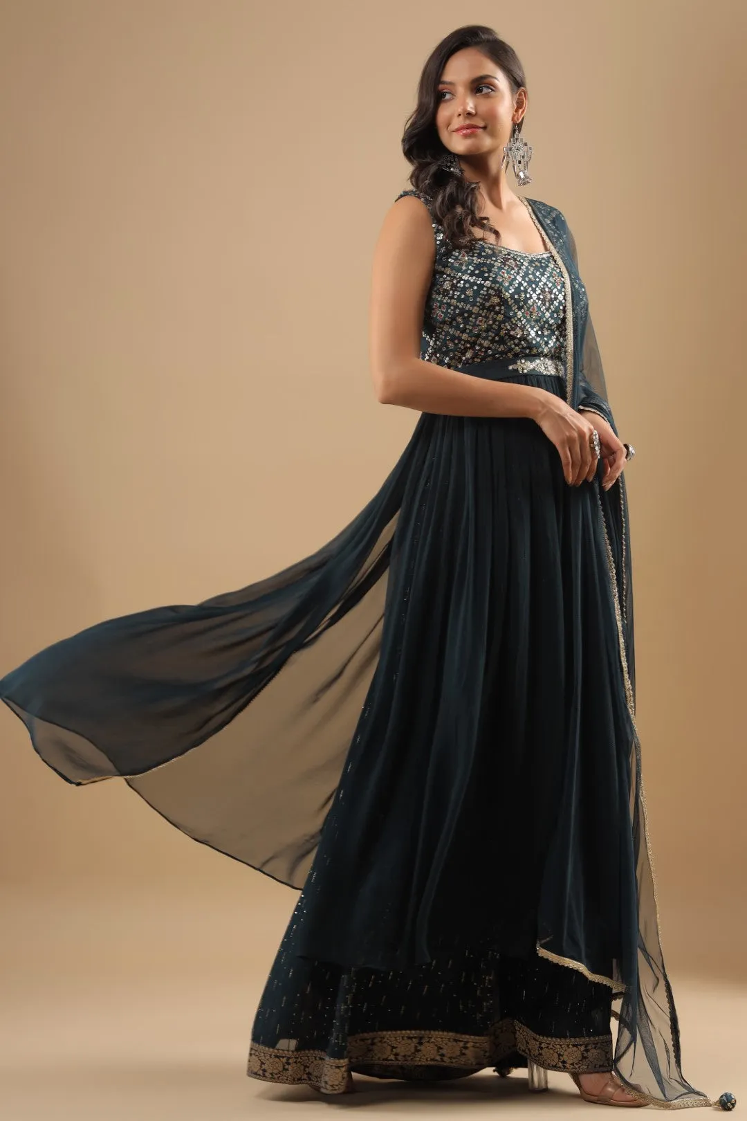 Teal Blue Zardosi Embroidered Georgette Palazzo Set with Belt