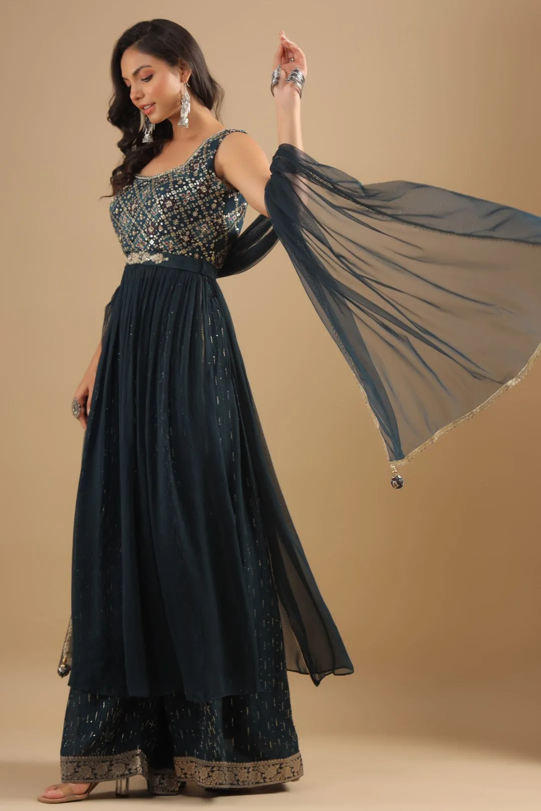 Teal Blue Zardosi Embroidered Georgette Palazzo Set with Belt