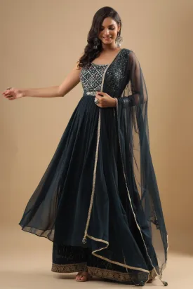 Teal Blue Zardosi Embroidered Georgette Palazzo Set with Belt