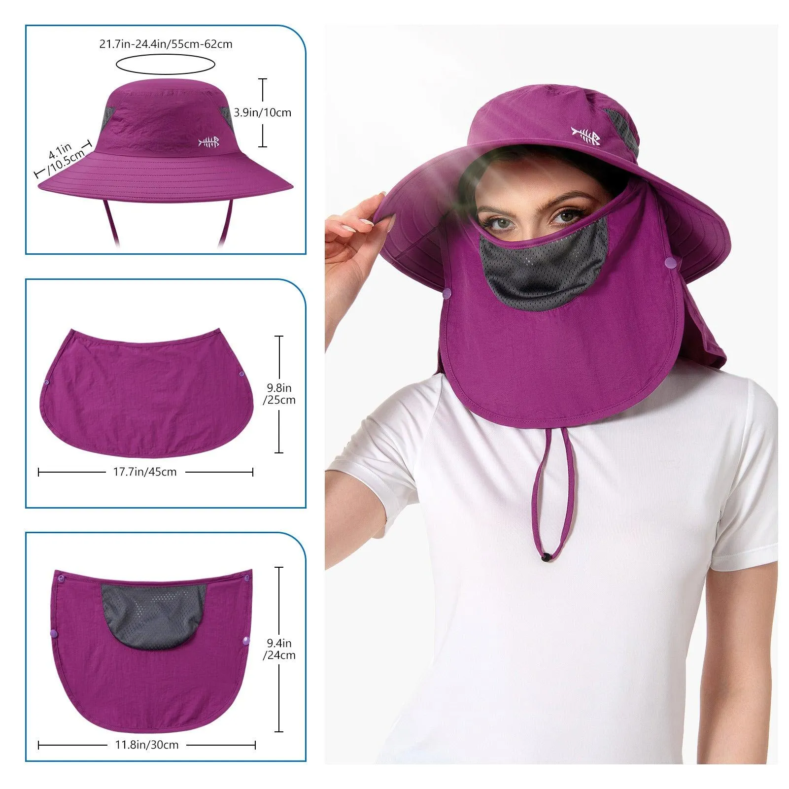 Unisex UPF 50  Sun Hat with Face Cover & Neck Flap FH09