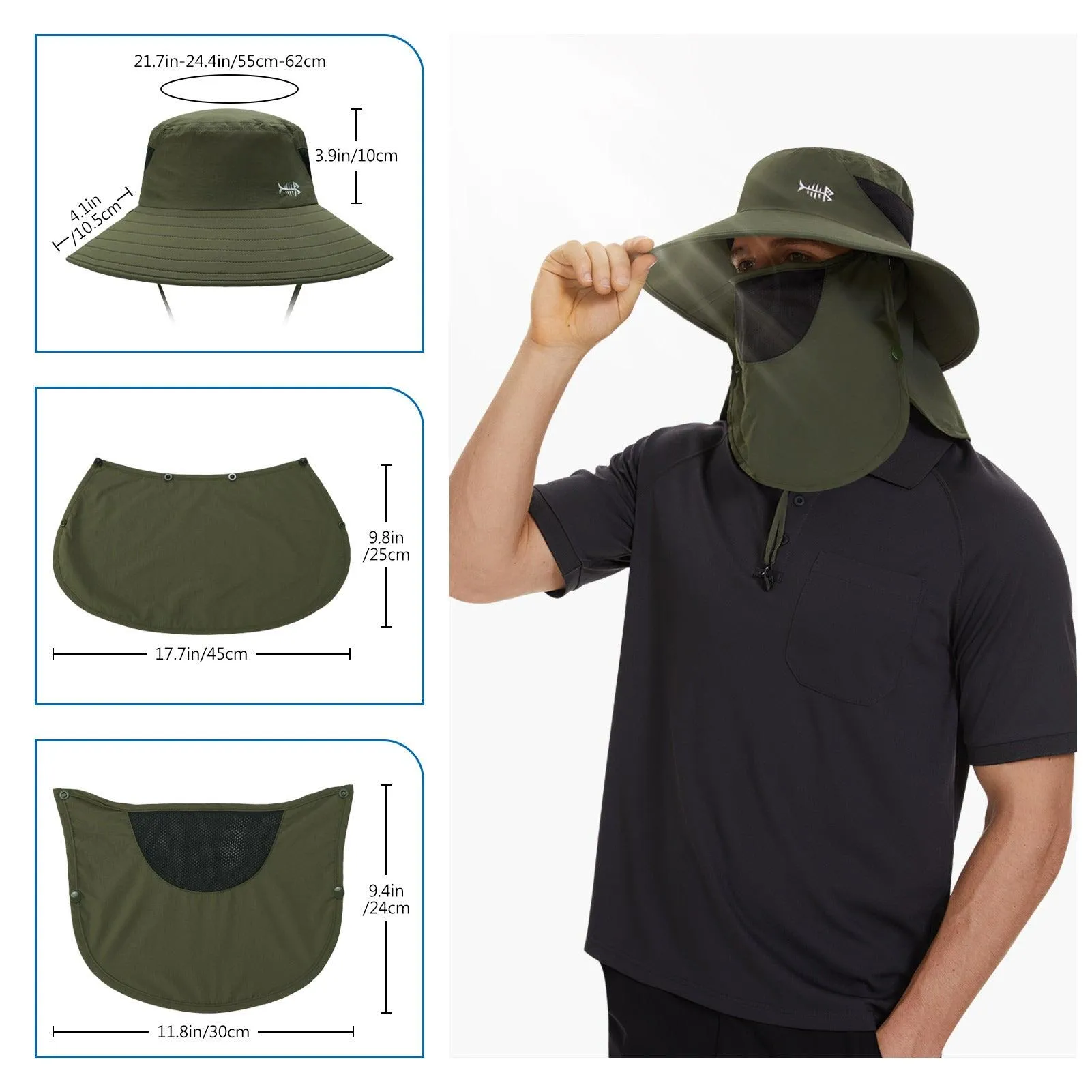 Unisex UPF 50  Sun Hat with Face Cover & Neck Flap FH09
