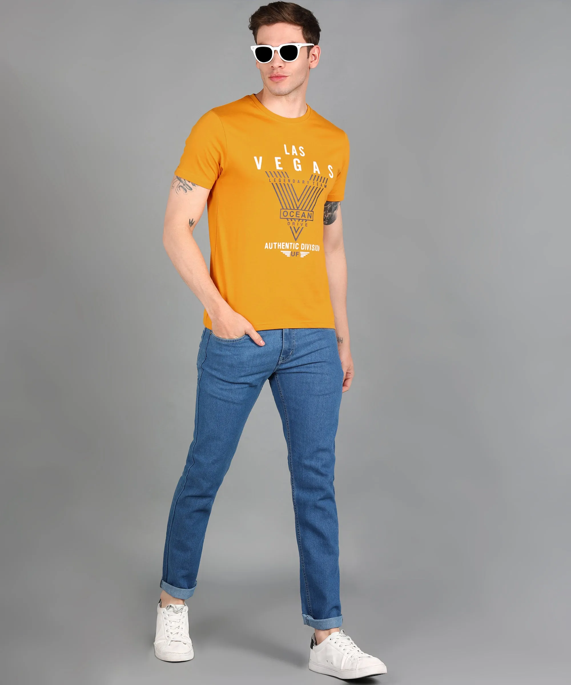 Urbano Fashion Men's Gold Graphic Printed Round Neck Half Sleeve Slim Fit Cotton T-Shirt
