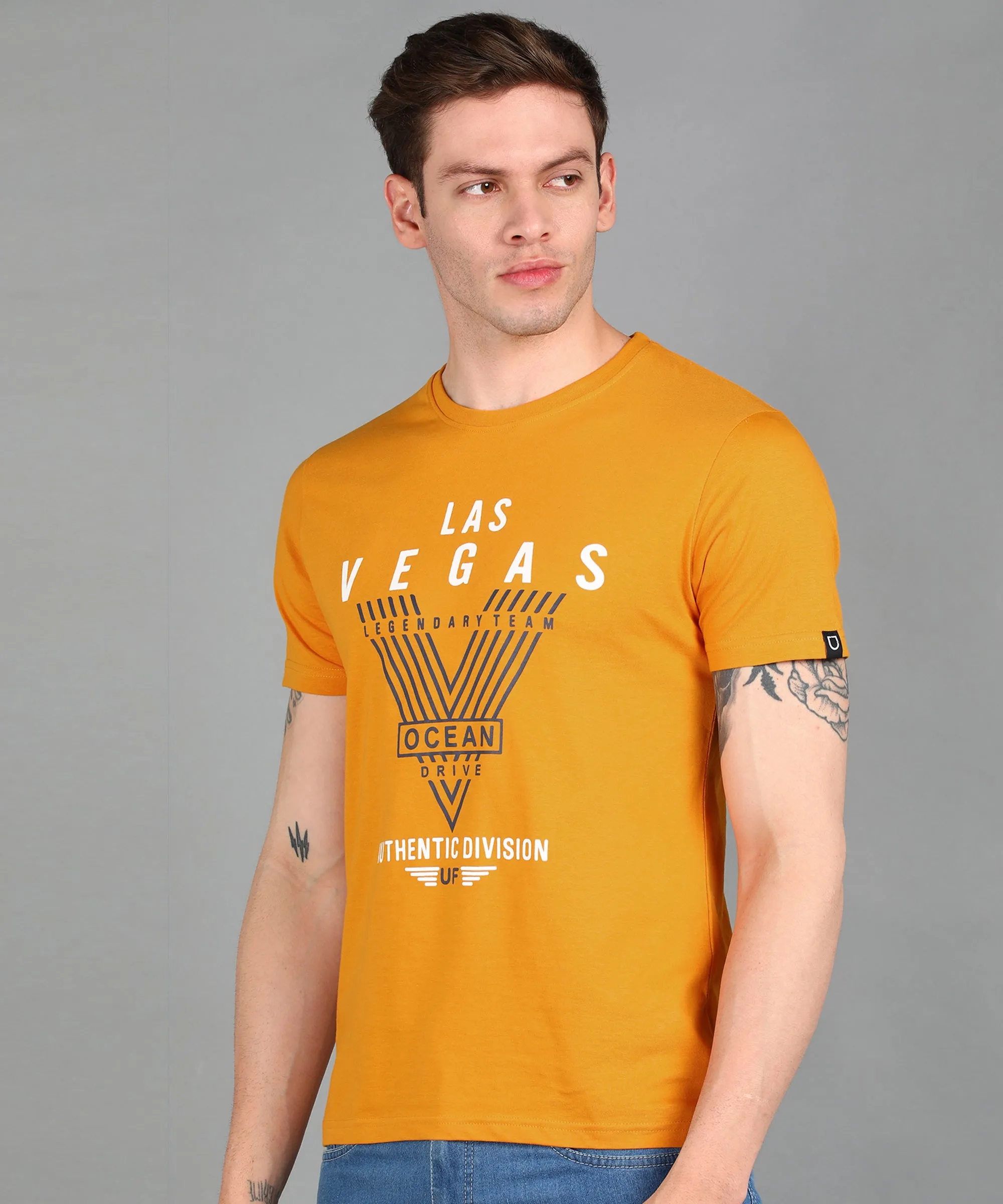 Urbano Fashion Men's Gold Graphic Printed Round Neck Half Sleeve Slim Fit Cotton T-Shirt