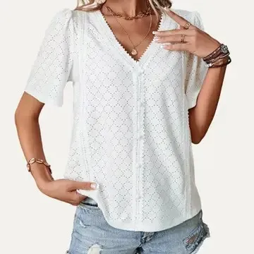 V Neck Pierced Pointelle Short Sleeve Top