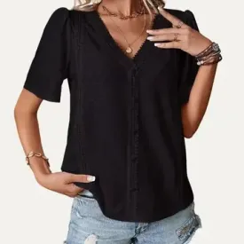 V Neck Pierced Pointelle Short Sleeve Top