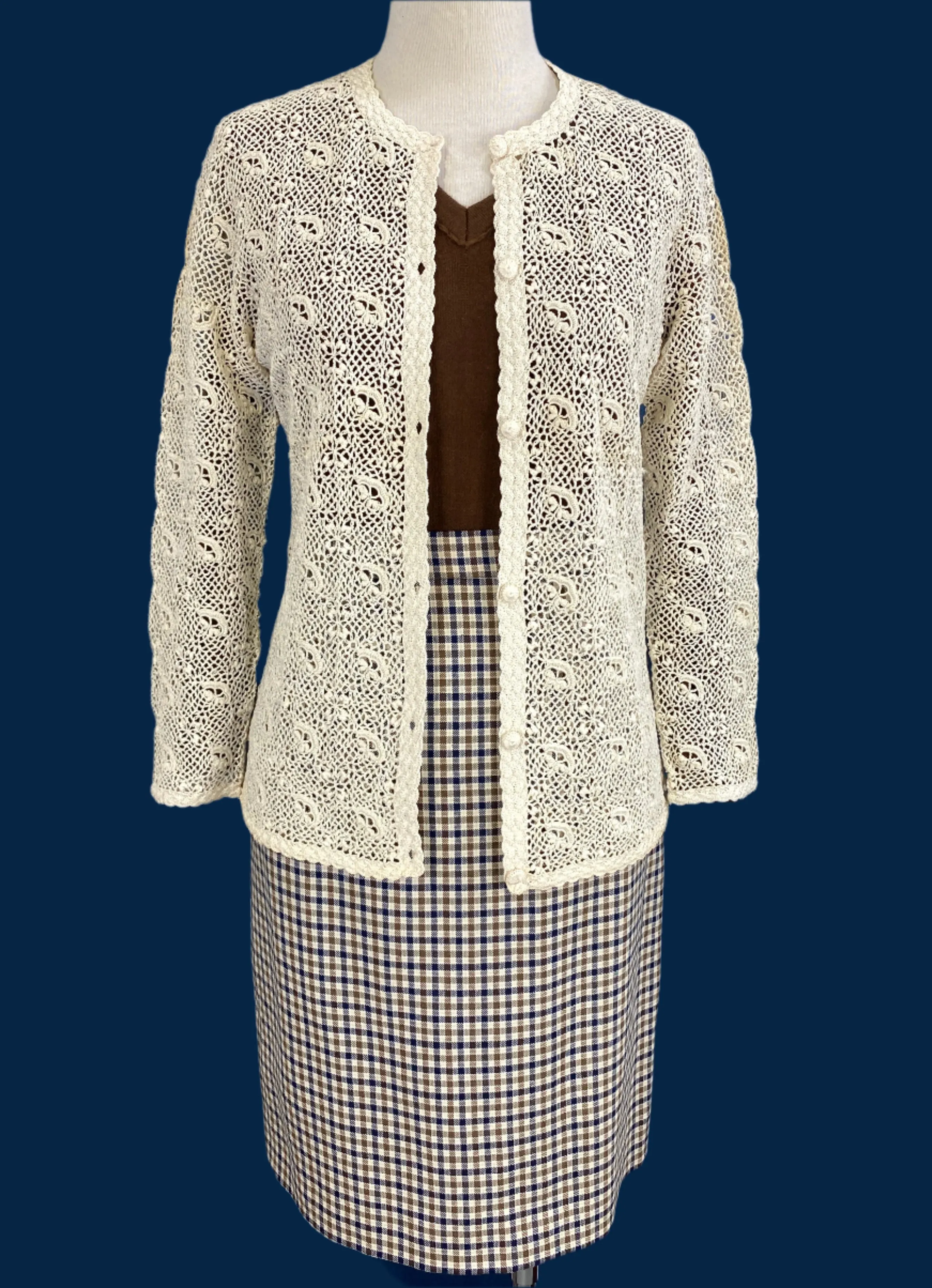 Vintage 1960s Cream Cotton Irish Crochet Lace Cardigan, XS