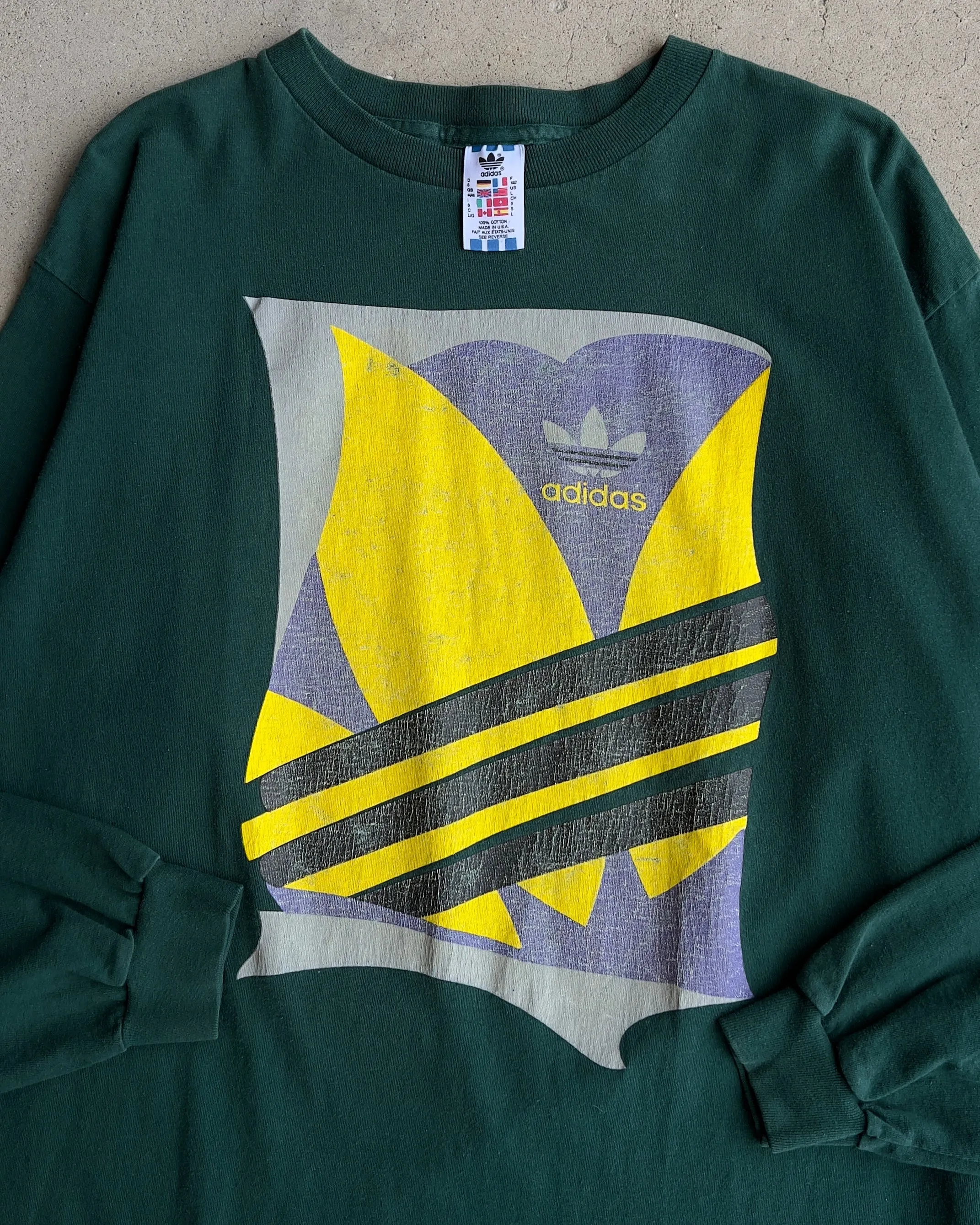Vintage 1980s Adidas Green & Yellow Graphic Trefoil Logo Long Sleeve