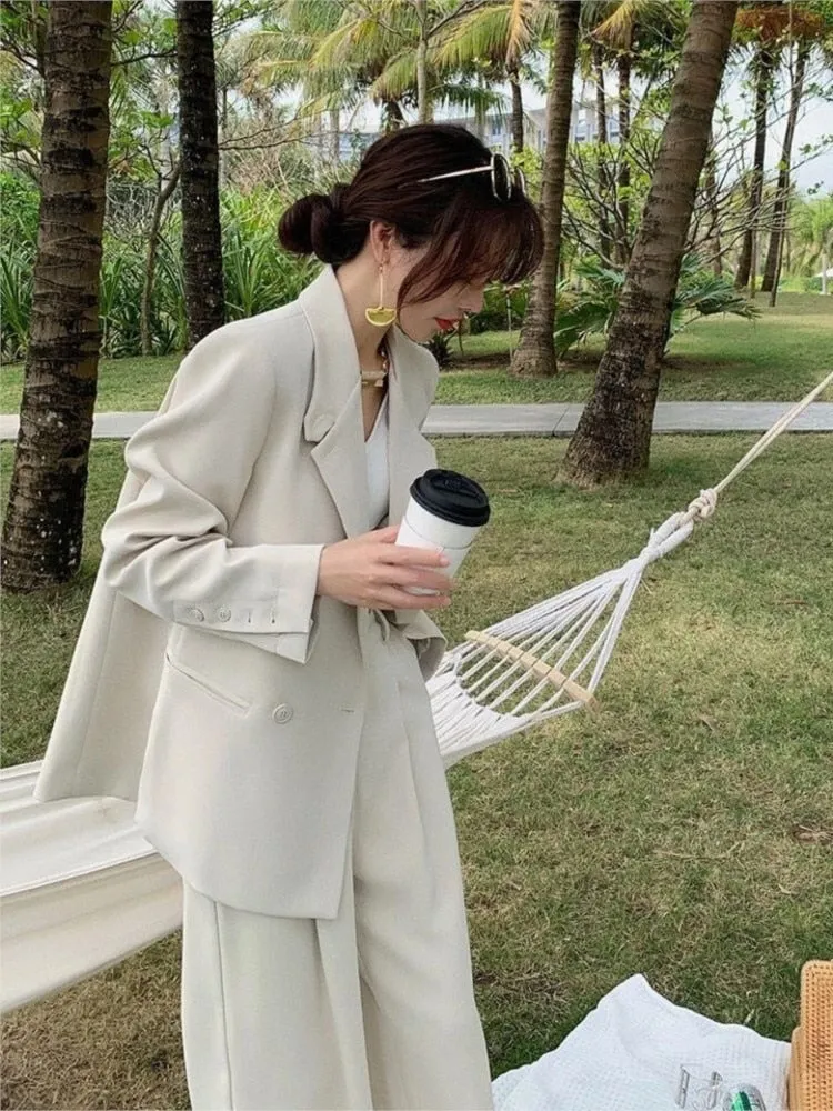 Women Office White Pink Suit Two-Piece Pantsuit Elegant Blazer Female Set Casual Loose Pants Jacket Work Clothes