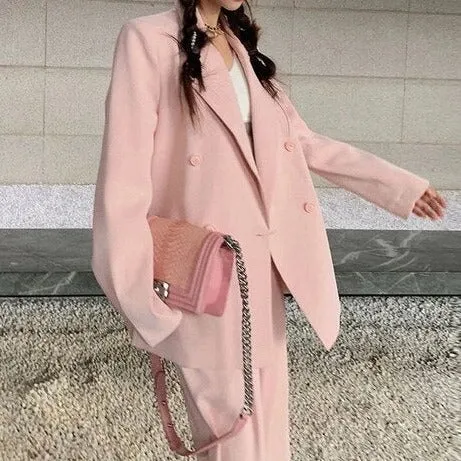 Women Office White Pink Suit Two-Piece Pantsuit Elegant Blazer Female Set Casual Loose Pants Jacket Work Clothes