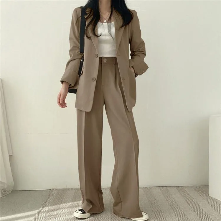 Women Office White Pink Suit Two-Piece Pantsuit Elegant Blazer Female Set Casual Loose Pants Jacket Work Clothes