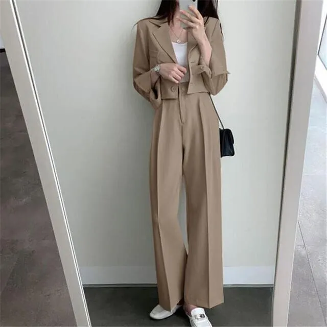 Women Office White Pink Suit Two-Piece Pantsuit Elegant Blazer Female Set Casual Loose Pants Jacket Work Clothes