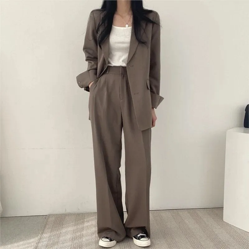 Women Office White Pink Suit Two-Piece Pantsuit Elegant Blazer Female Set Casual Loose Pants Jacket Work Clothes