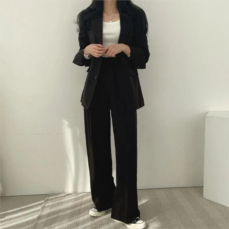 Women Office White Pink Suit Two-Piece Pantsuit Elegant Blazer Female Set Casual Loose Pants Jacket Work Clothes