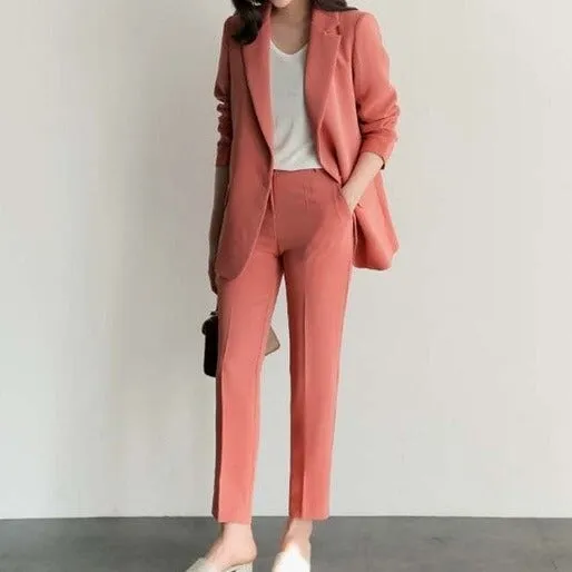 Women Office White Pink Suit Two-Piece Pantsuit Elegant Blazer Female Set Casual Loose Pants Jacket Work Clothes