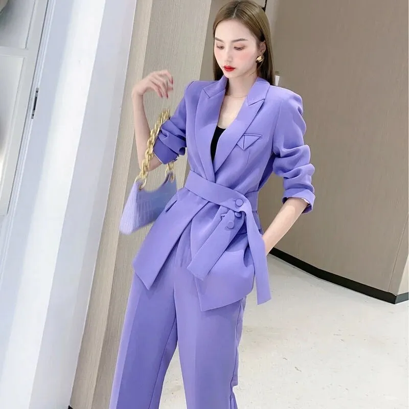 Women Office White Pink Suit Two-Piece Pantsuit Elegant Blazer Female Set Casual Loose Pants Jacket Work Clothes