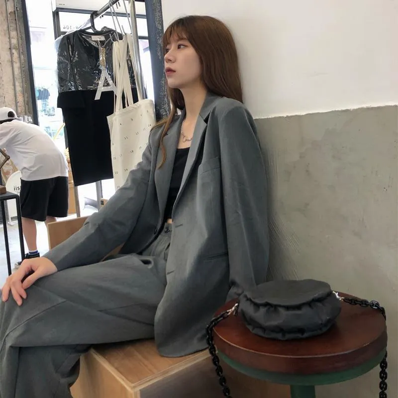 Women Office White Pink Suit Two-Piece Pantsuit Elegant Blazer Female Set Casual Loose Pants Jacket Work Clothes