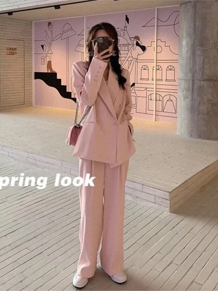 Women Office White Pink Suit Two-Piece Pantsuit Elegant Blazer Female Set Casual Loose Pants Jacket Work Clothes