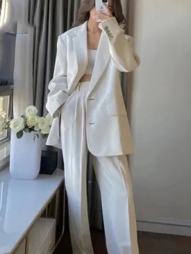 Women Office White Pink Suit Two-Piece Pantsuit Elegant Blazer Female Set Casual Loose Pants Jacket Work Clothes