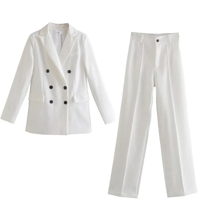 Women Office White Pink Suit Two-Piece Pantsuit Elegant Blazer Female Set Casual Loose Pants Jacket Work Clothes