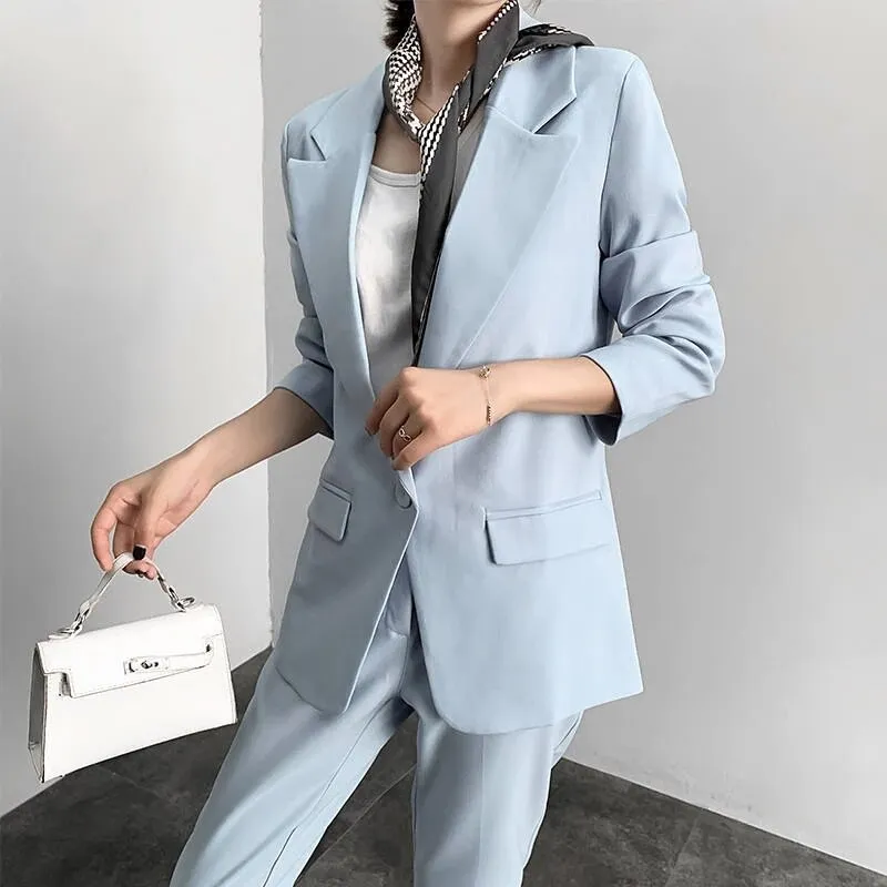 Women Office White Pink Suit Two-Piece Pantsuit Elegant Blazer Female Set Casual Loose Pants Jacket Work Clothes