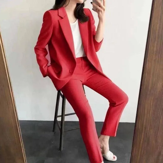 Women Office White Pink Suit Two-Piece Pantsuit Elegant Blazer Female Set Casual Loose Pants Jacket Work Clothes