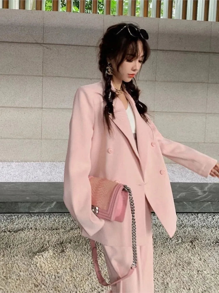 Women Office White Pink Suit Two-Piece Pantsuit Elegant Blazer Female Set Casual Loose Pants Jacket Work Clothes