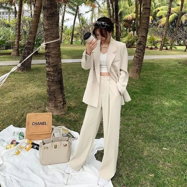 Women Office White Pink Suit Two-Piece Pantsuit Elegant Blazer Female Set Casual Loose Pants Jacket Work Clothes