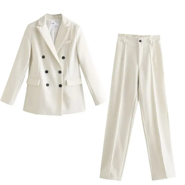 Women Office White Pink Suit Two-Piece Pantsuit Elegant Blazer Female Set Casual Loose Pants Jacket Work Clothes