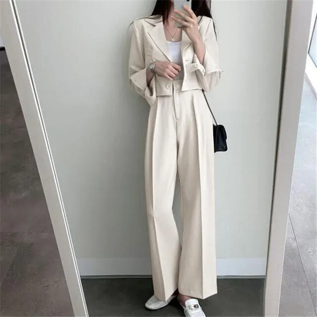 Women Office White Pink Suit Two-Piece Pantsuit Elegant Blazer Female Set Casual Loose Pants Jacket Work Clothes
