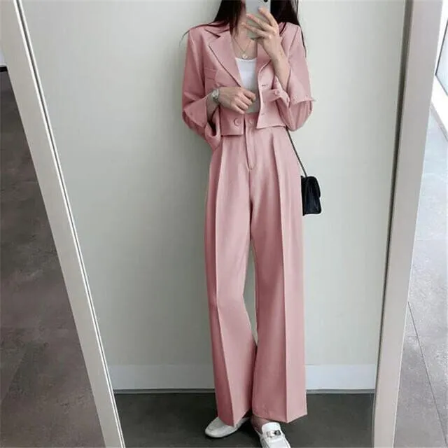 Women Office White Pink Suit Two-Piece Pantsuit Elegant Blazer Female Set Casual Loose Pants Jacket Work Clothes