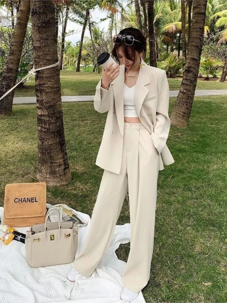 Women Office White Pink Suit Two-Piece Pantsuit Elegant Blazer Female Set Casual Loose Pants Jacket Work Clothes