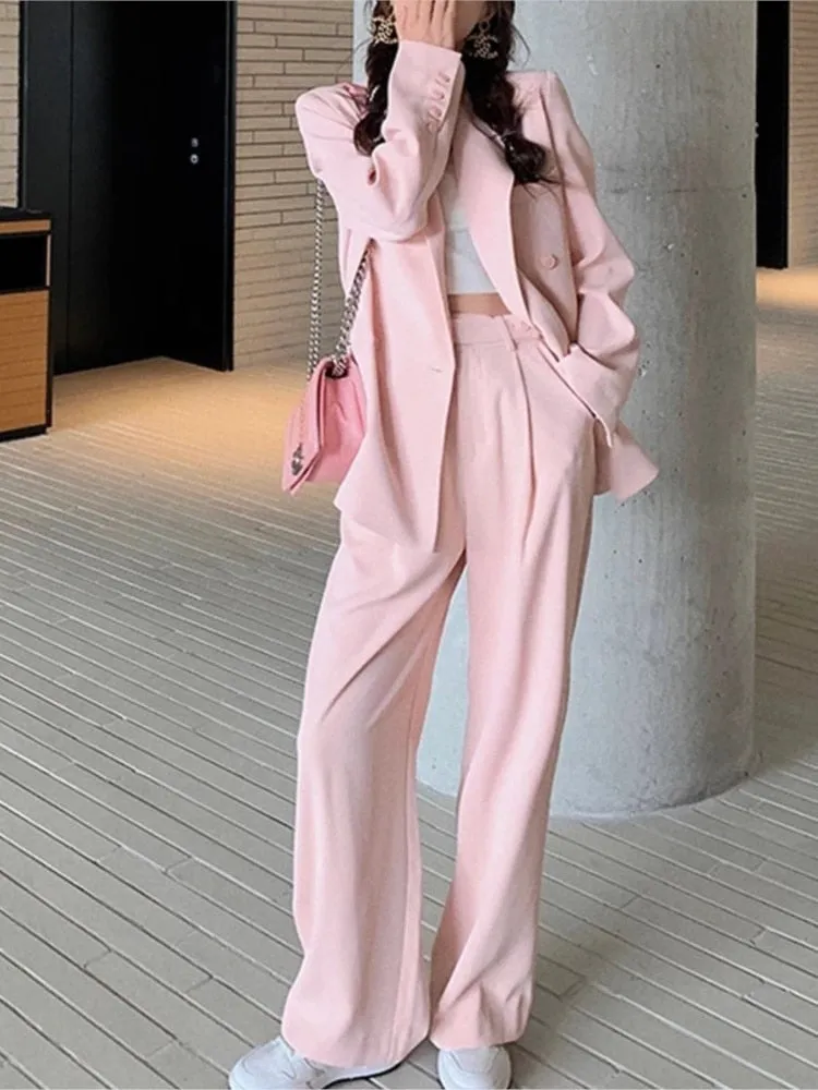Women Office White Pink Suit Two-Piece Pantsuit Elegant Blazer Female Set Casual Loose Pants Jacket Work Clothes