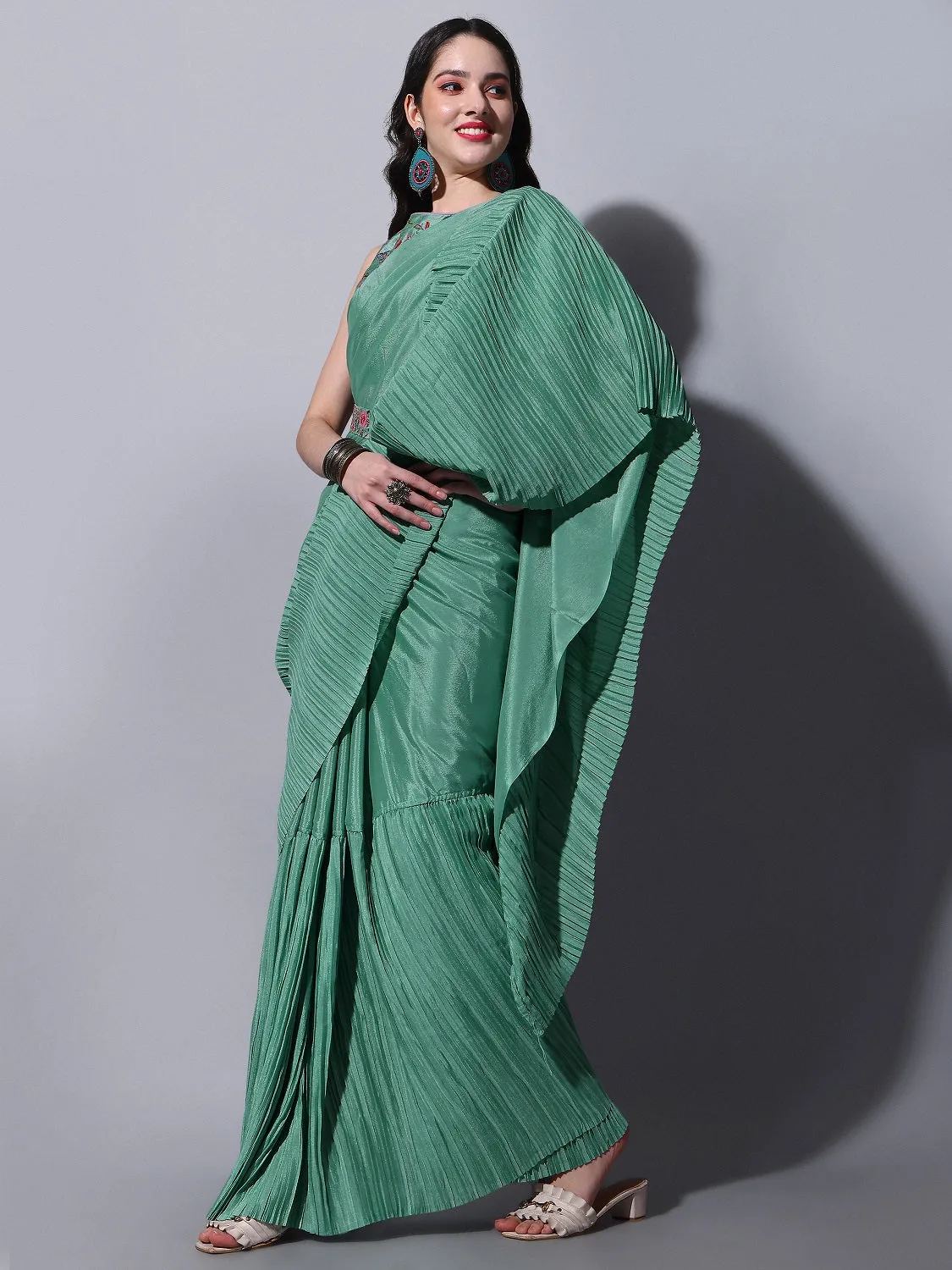 Women Party Wear Half Crush and Half Plain Rama Colour Chinon Saree Collection