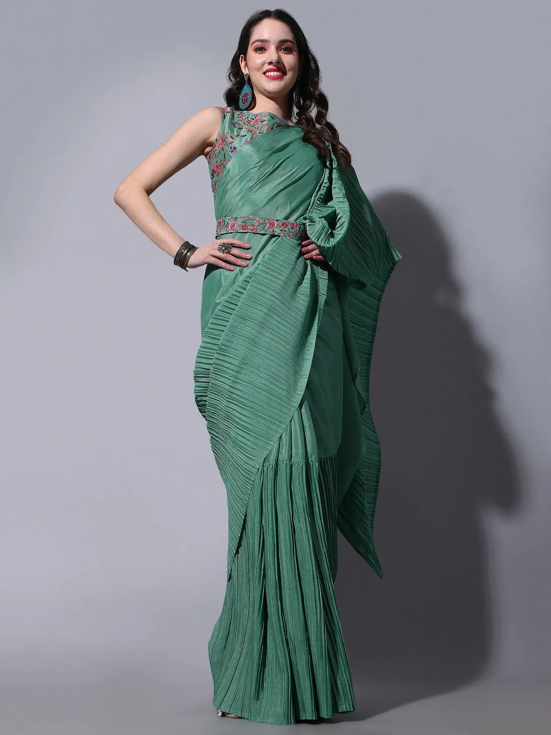 Women Party Wear Half Crush and Half Plain Rama Colour Chinon Saree Collection