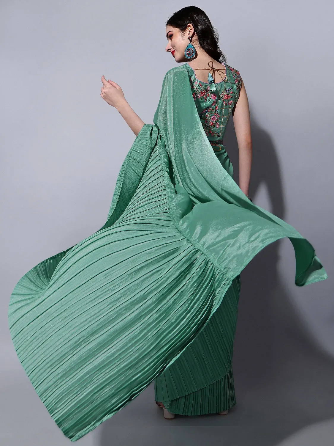Women Party Wear Half Crush and Half Plain Rama Colour Chinon Saree Collection