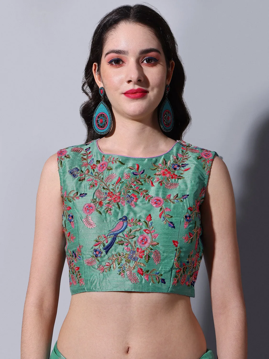 Women Party Wear Half Crush and Half Plain Rama Colour Chinon Saree Collection
