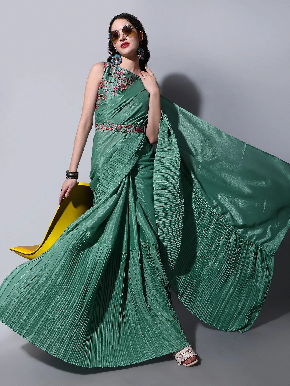 Women Party Wear Half Crush and Half Plain Rama Colour Chinon Saree Collection