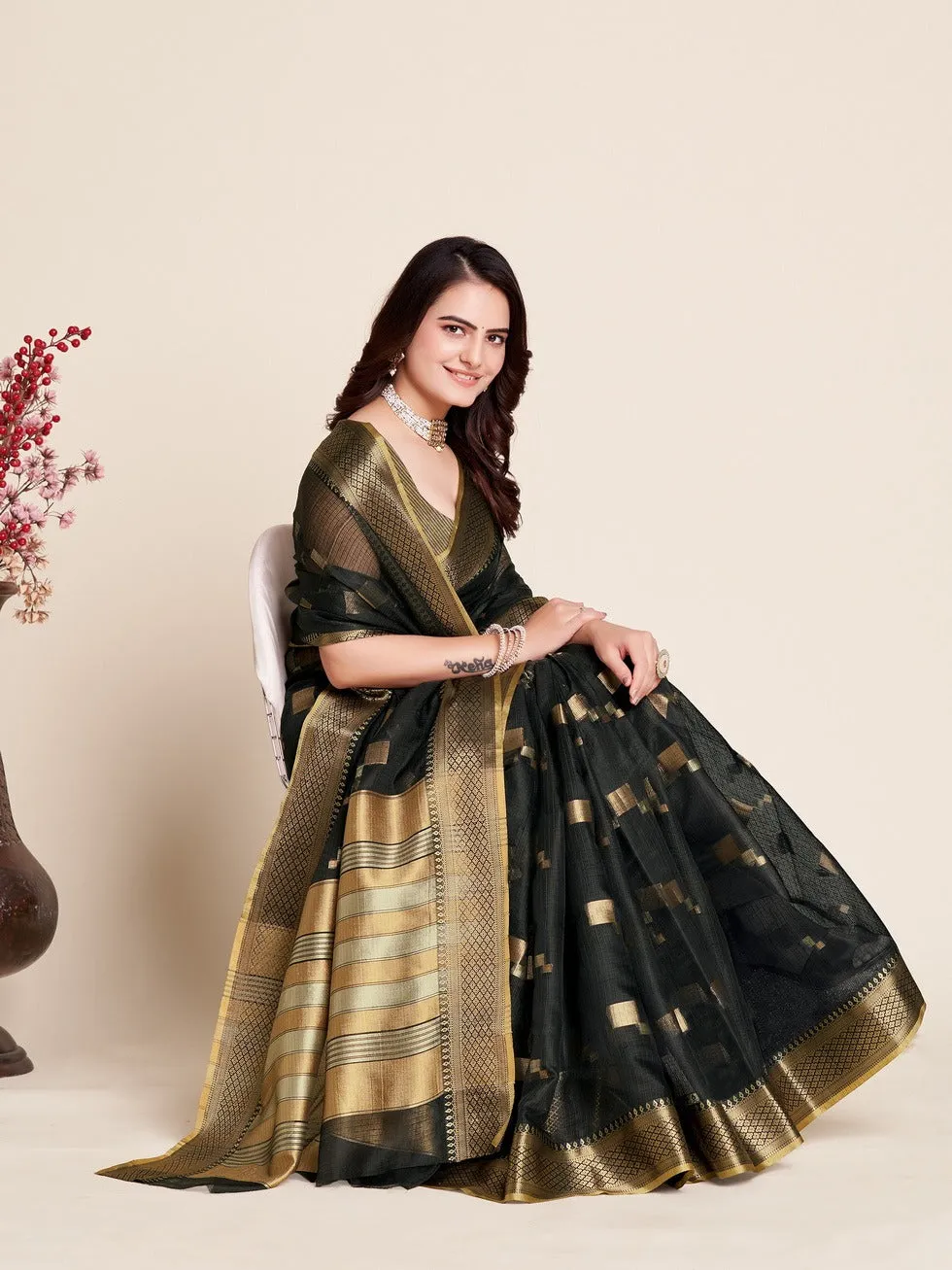 Women Party Wear Kota Doriya (Semi Cotton) Soft Silk Saree with Un-Stitched Blouse