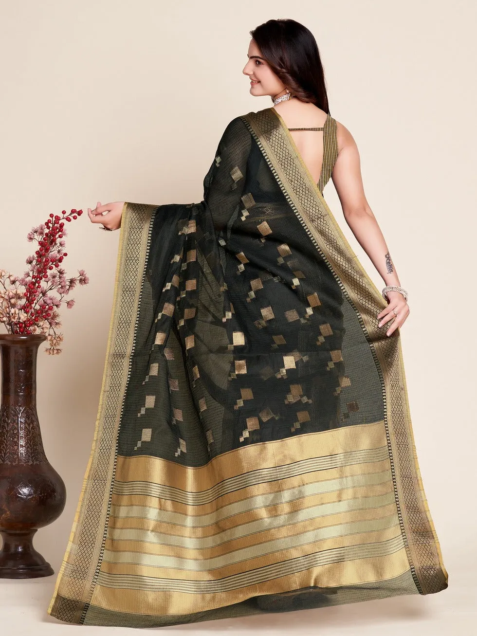 Women Party Wear Kota Doriya (Semi Cotton) Soft Silk Saree with Un-Stitched Blouse
