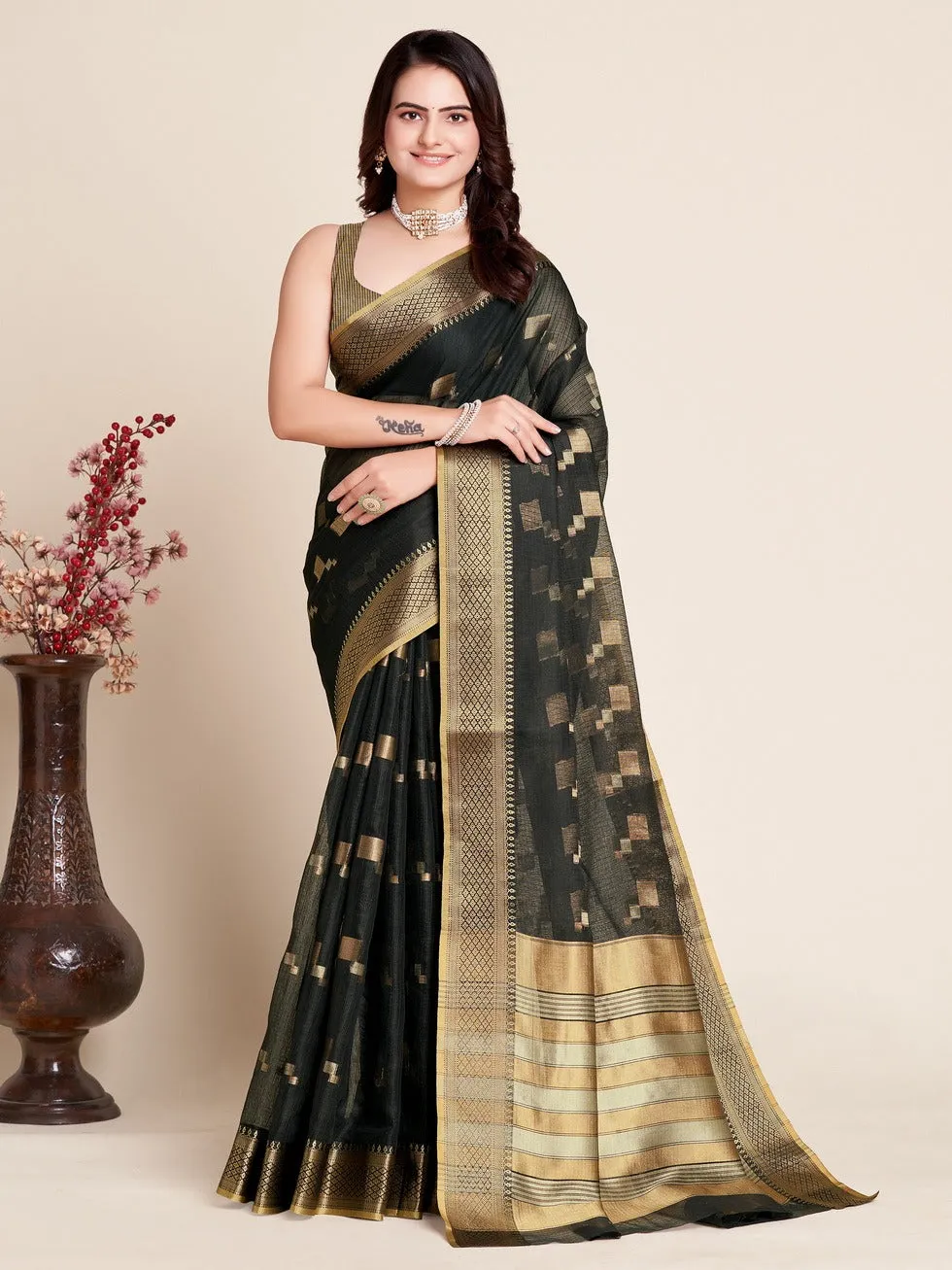 Women Party Wear Kota Doriya (Semi Cotton) Soft Silk Saree with Un-Stitched Blouse