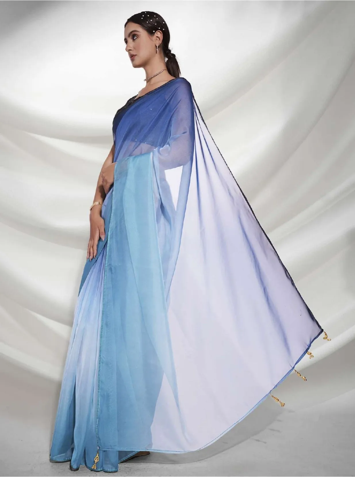 Women Party Wear Plain Blue Colour Organza Silk Saree Collection