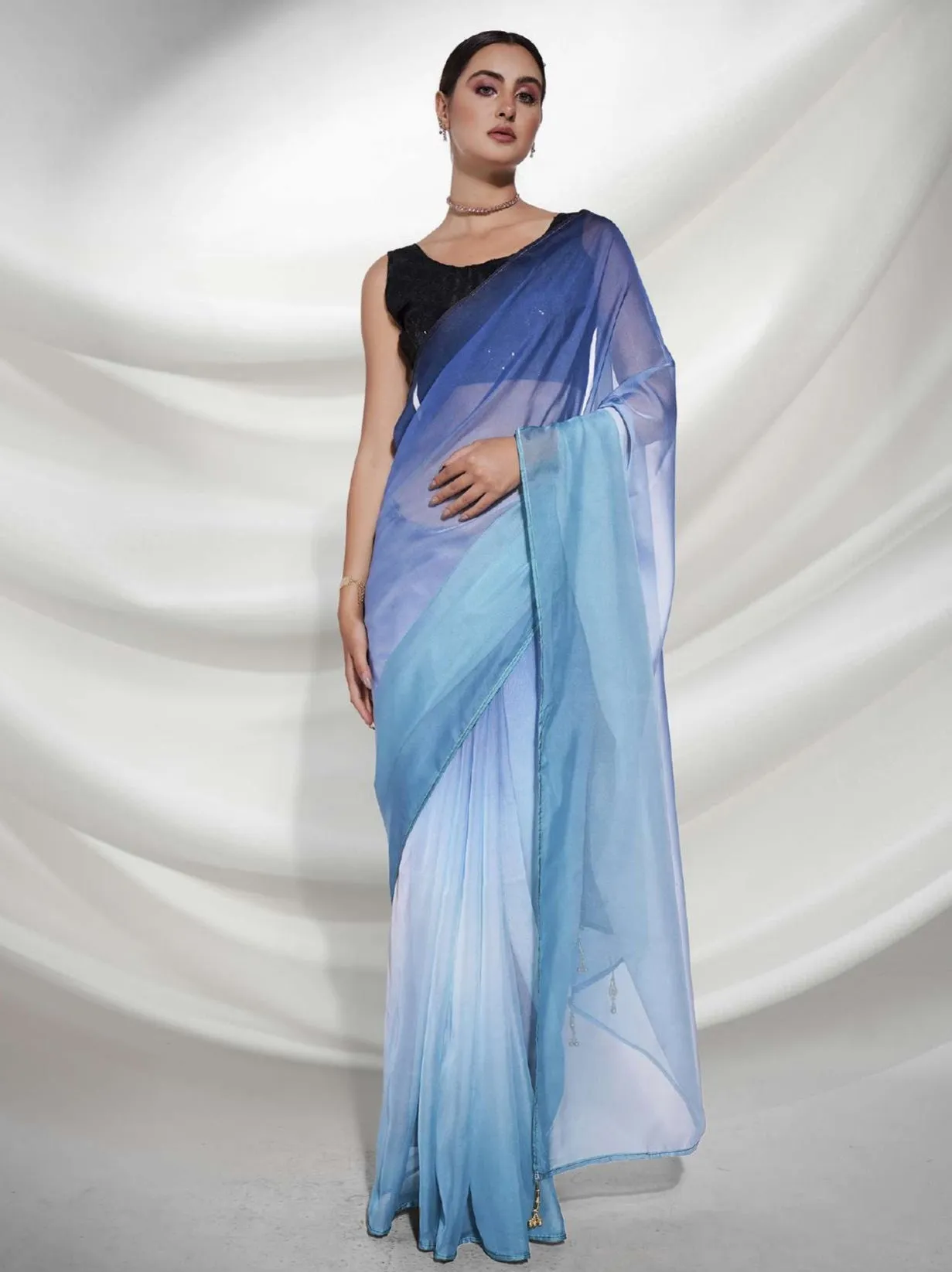 Women Party Wear Plain Blue Colour Organza Silk Saree Collection