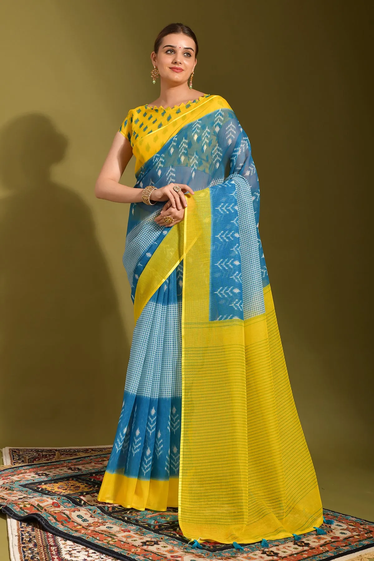 Women Party Wear Printed Linen Saree With Un Stitched Blouse